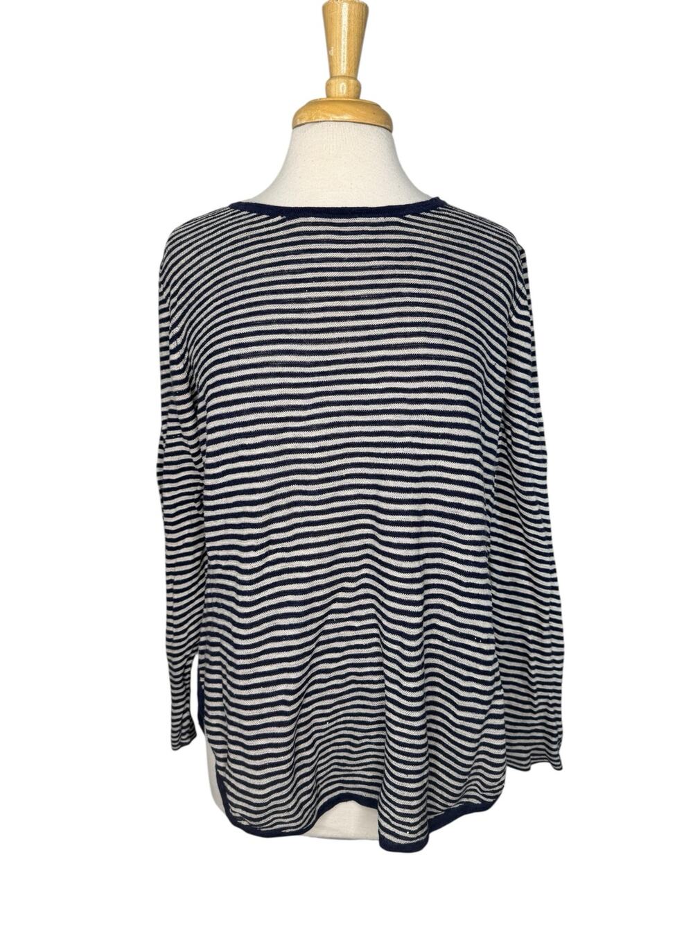 EILEEN FISHER Linen Blend Long Sleeve Top Size Large Womens Blue Tan Stripe